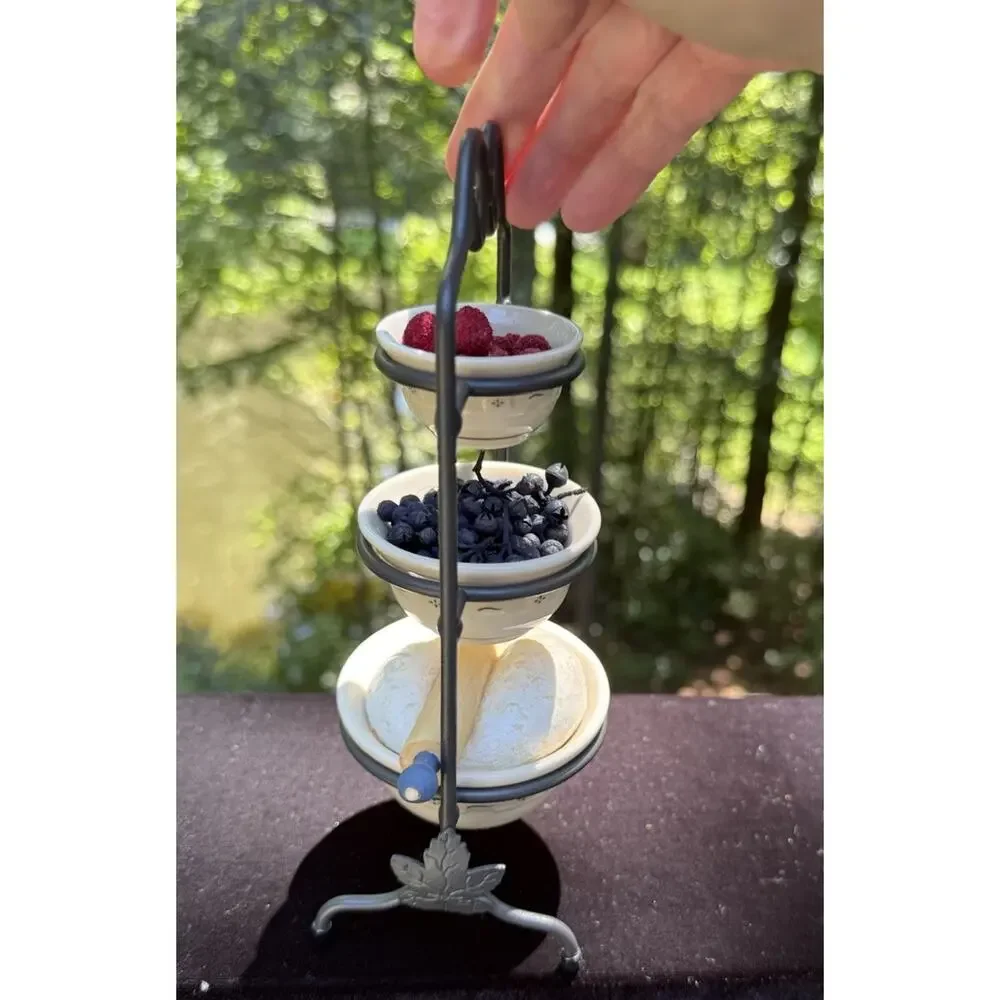 Longaberger Pottery Miniature Mixing Bowls Berries Dough Wrought Iron Stand Mint